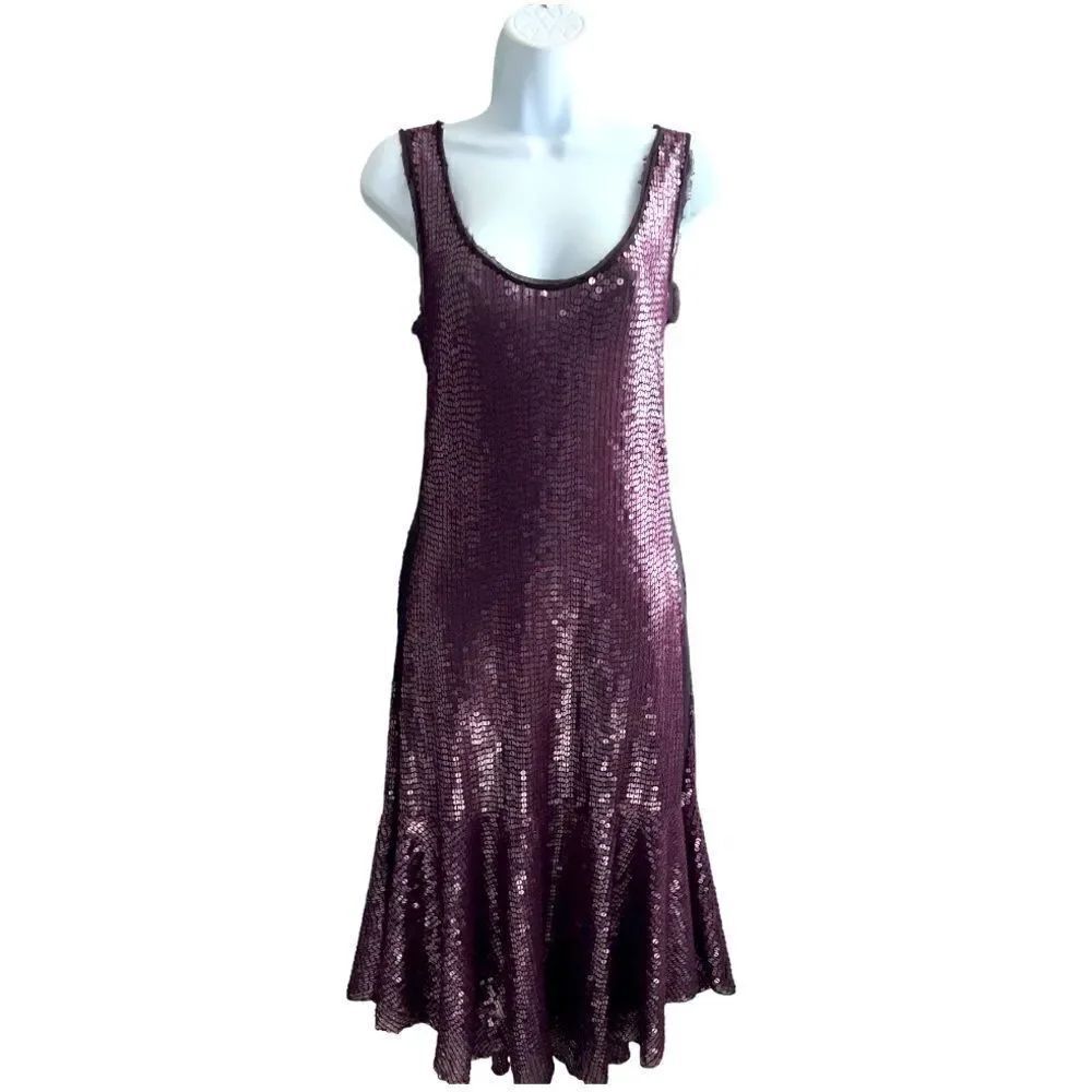 Designer JORANDO Deep Purple Sequined Midi Dress Size M.